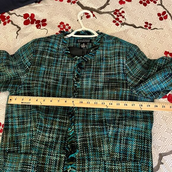 Dialogue Tweed Jacket 2 Pockets Front Closure Long Sleeve Fringe-Edged Teal W 10 - Picture 12 of 13